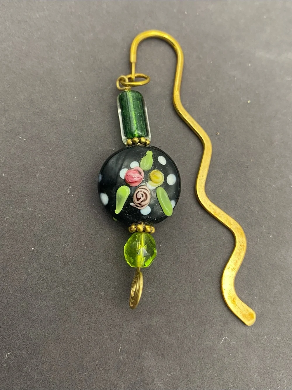 Black and Green Art Glass with Brass Floral Bookmark Charm